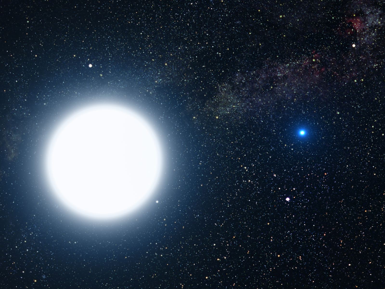 Artist's illustration of a large bright bluish white star with a small glowing blue companion star in the foreground against dark space