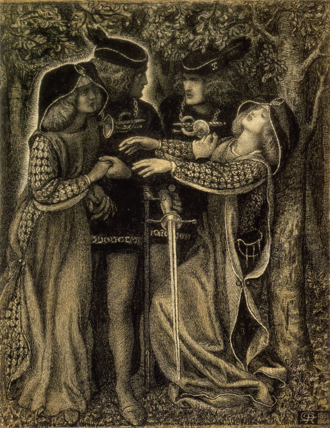 Rossetti's painting of a medieval couple in a dark wood meeting their exact doubles